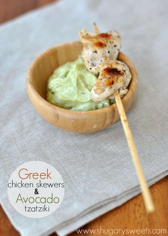greek chicken skewers with avocado tzatziki
