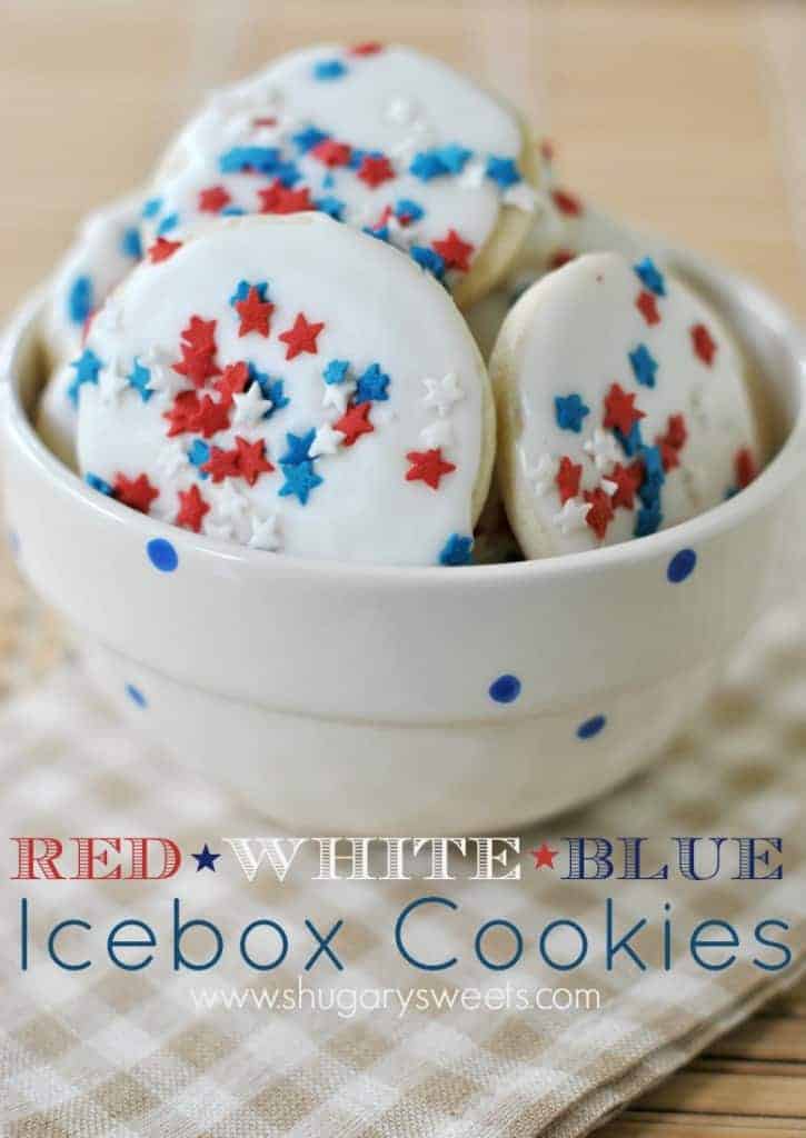 Red, White and Blue Icebox Cookies: Easy sugar cookies stored in the freezer. When ready, bake, add glaze and sprinkles! ENJOY!