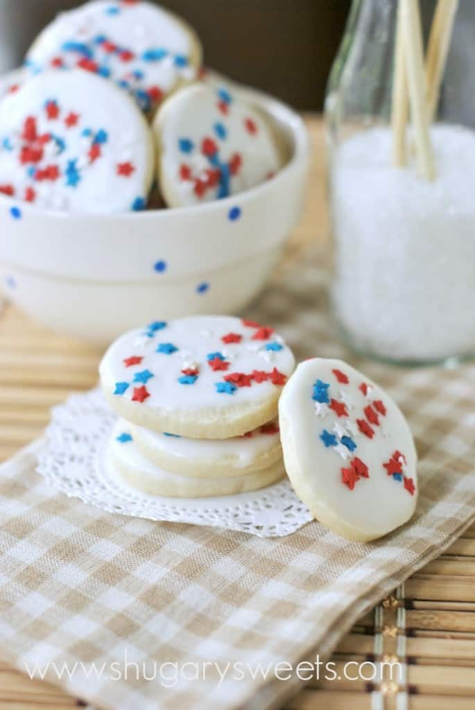 Red, White and Blue Icebox Cookies: Easy sugar cookies stored in the freezer. When ready, bake, add glaze and sprinkles! ENJOY!