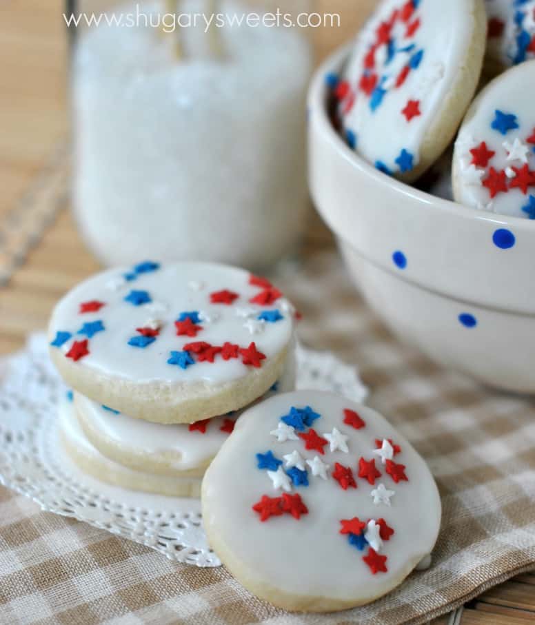 Red, White and Blue Icebox Cookies: Easy sugar cookies stored in the freezer. When ready, bake, add glaze and sprinkles! ENJOY!