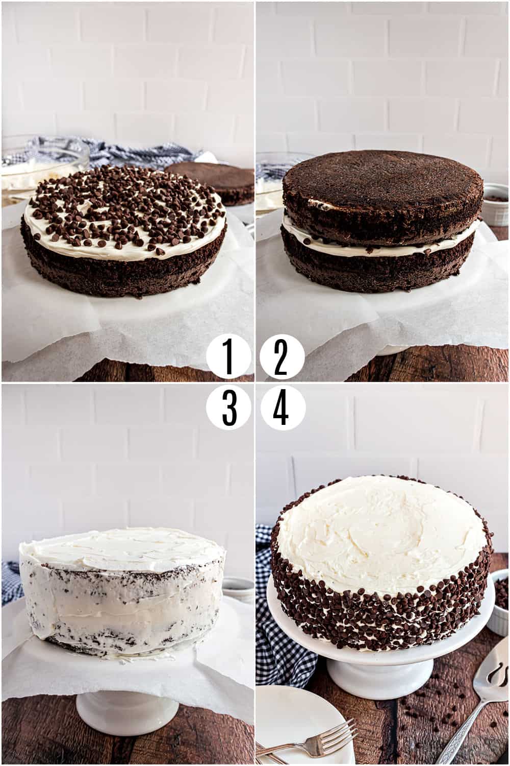 Step by step photos showing how to frost a chocolate cake with vanilla frosting.