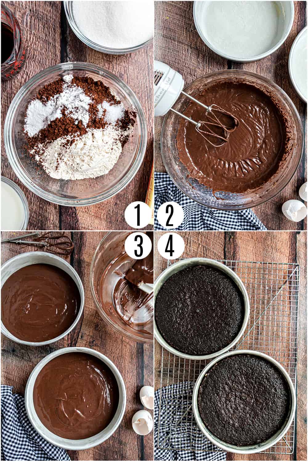 Step by step photos showing how to make chocolate cake from scratch.