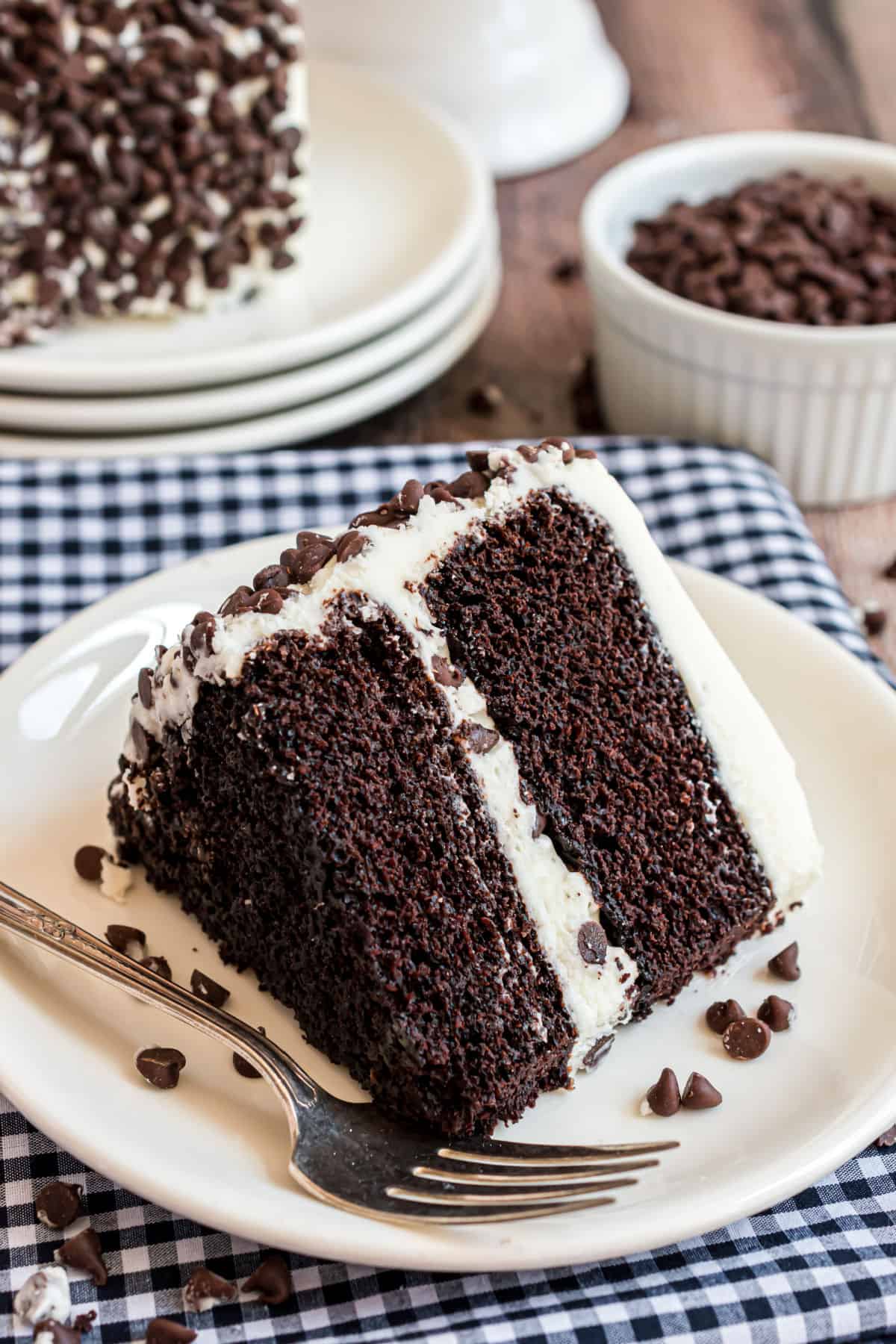 Slice of dark chocolate layer cake with vanilla frosting and chocolate chips.