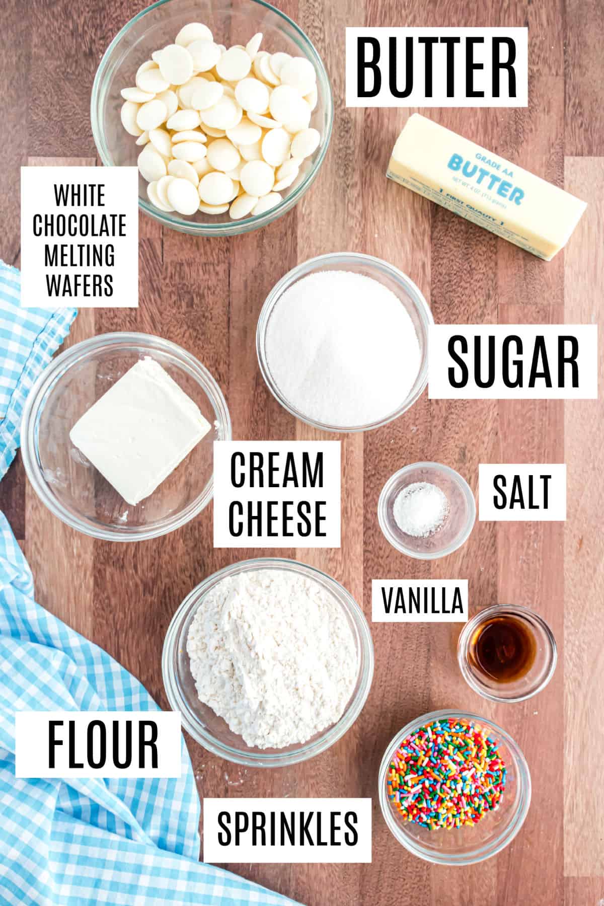 Ingredients needed to make funfetti cookie dough truffles.