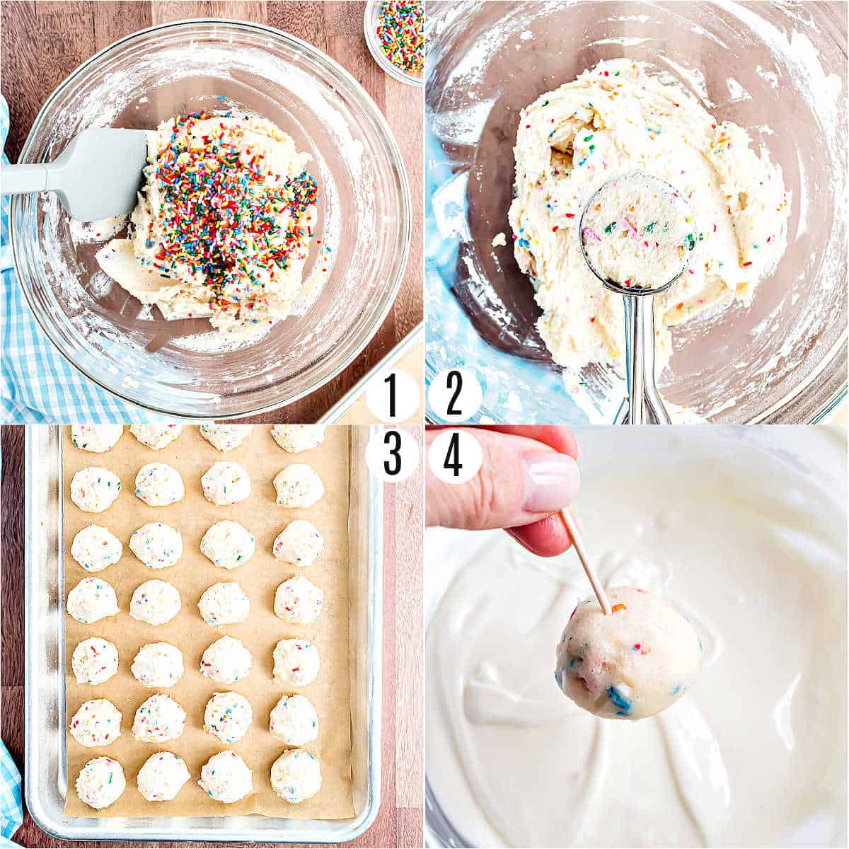 Step by step photos showing how to make funfetti truffles.