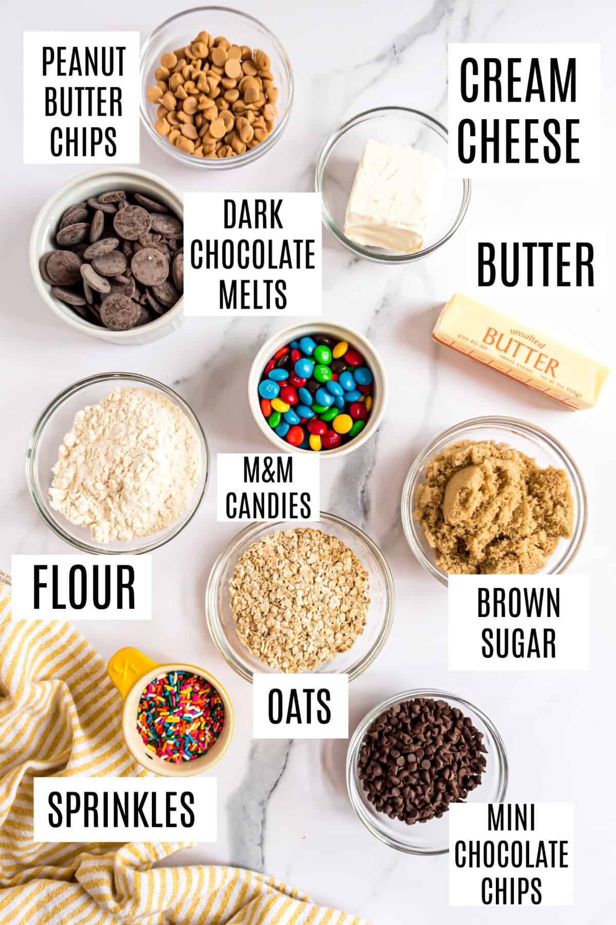 Ingredients needed to make monster cookie dough truffles.