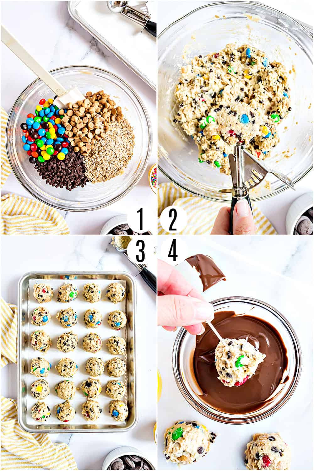 Step by step photos showing how to make monster cookie dough truffles.