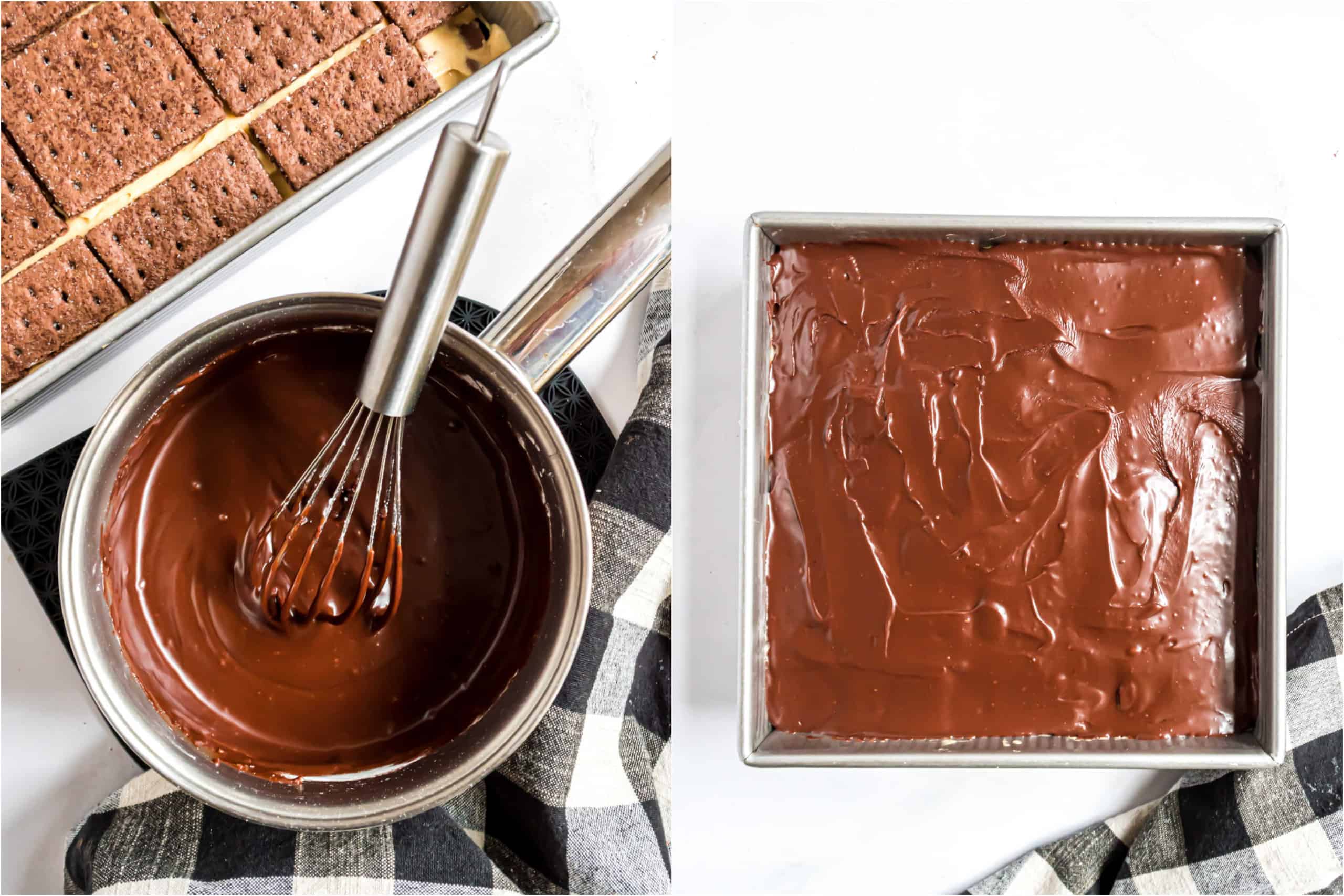 Step by step photos showing how to make chocolate frosting for eclair cake.