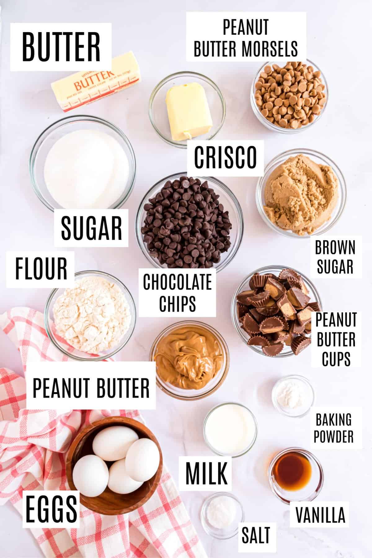 Ingredients needed to make peanut butter brookies.