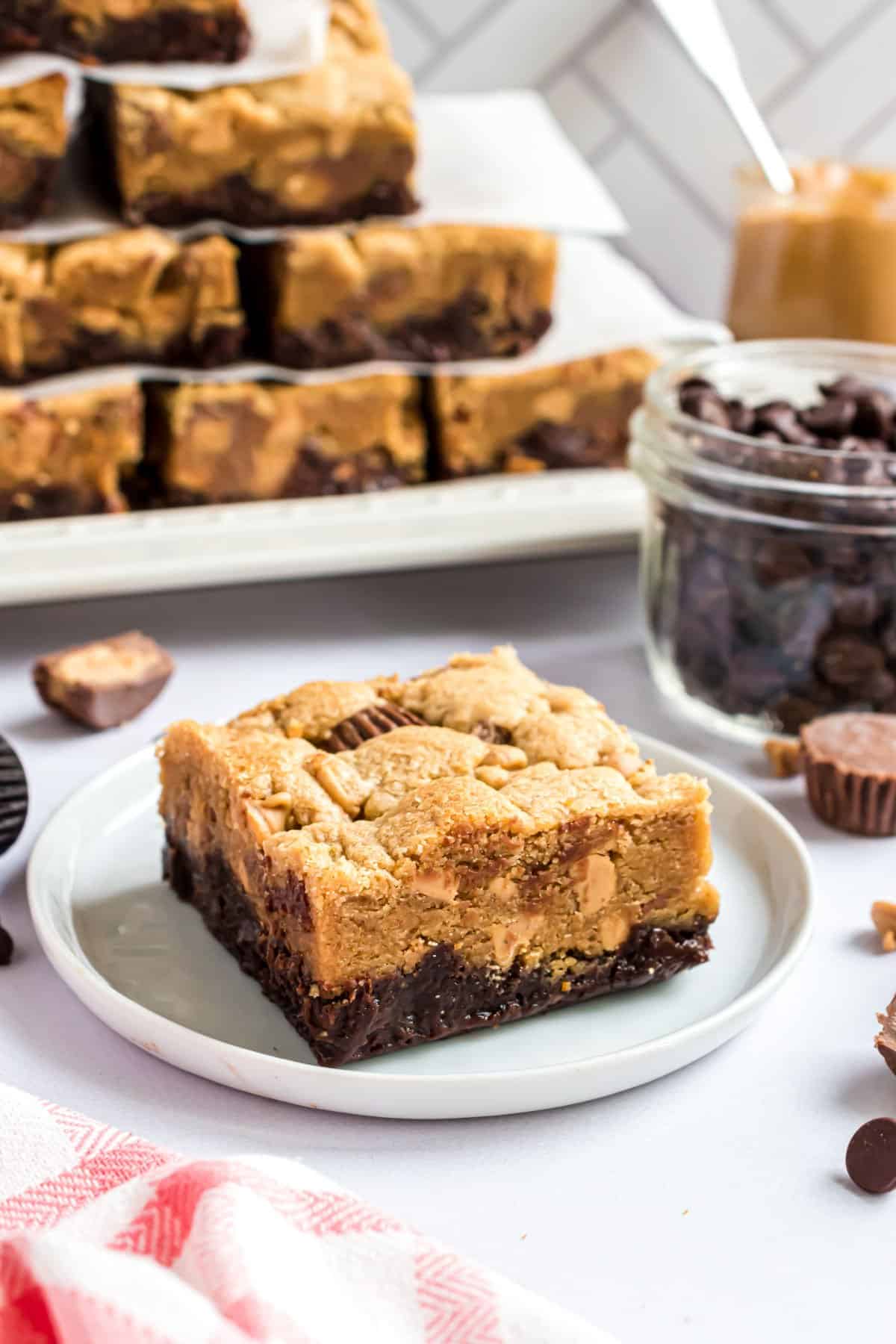 Peanut butter brookie on a white plate to serve.