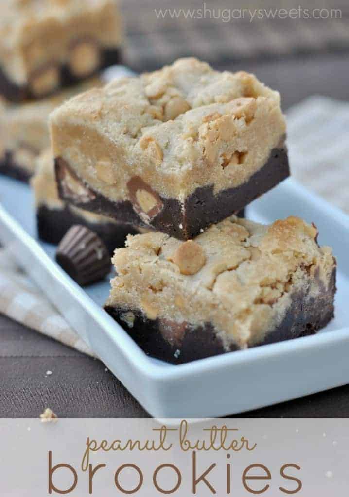 Peanut Butter Brookies: brownie base topped with peanut butter cookie and Reese's, a perfect treat! #reeses #brownies