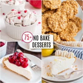 Collage photos of no bake desserts.