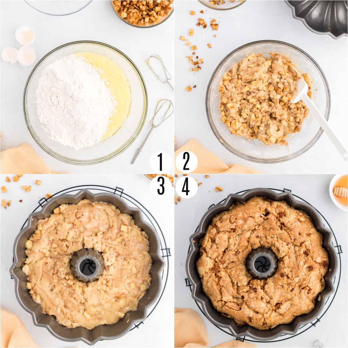Step by step photos showing how to make apple cake in a bundt pan.