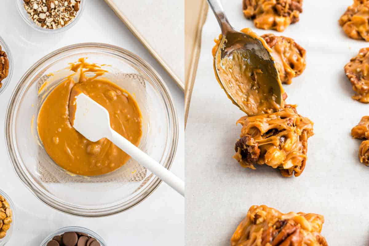 Left: Caramel mixture in a bowl. Right: Spoon dropping caramel nut clusters onto parchment paper.