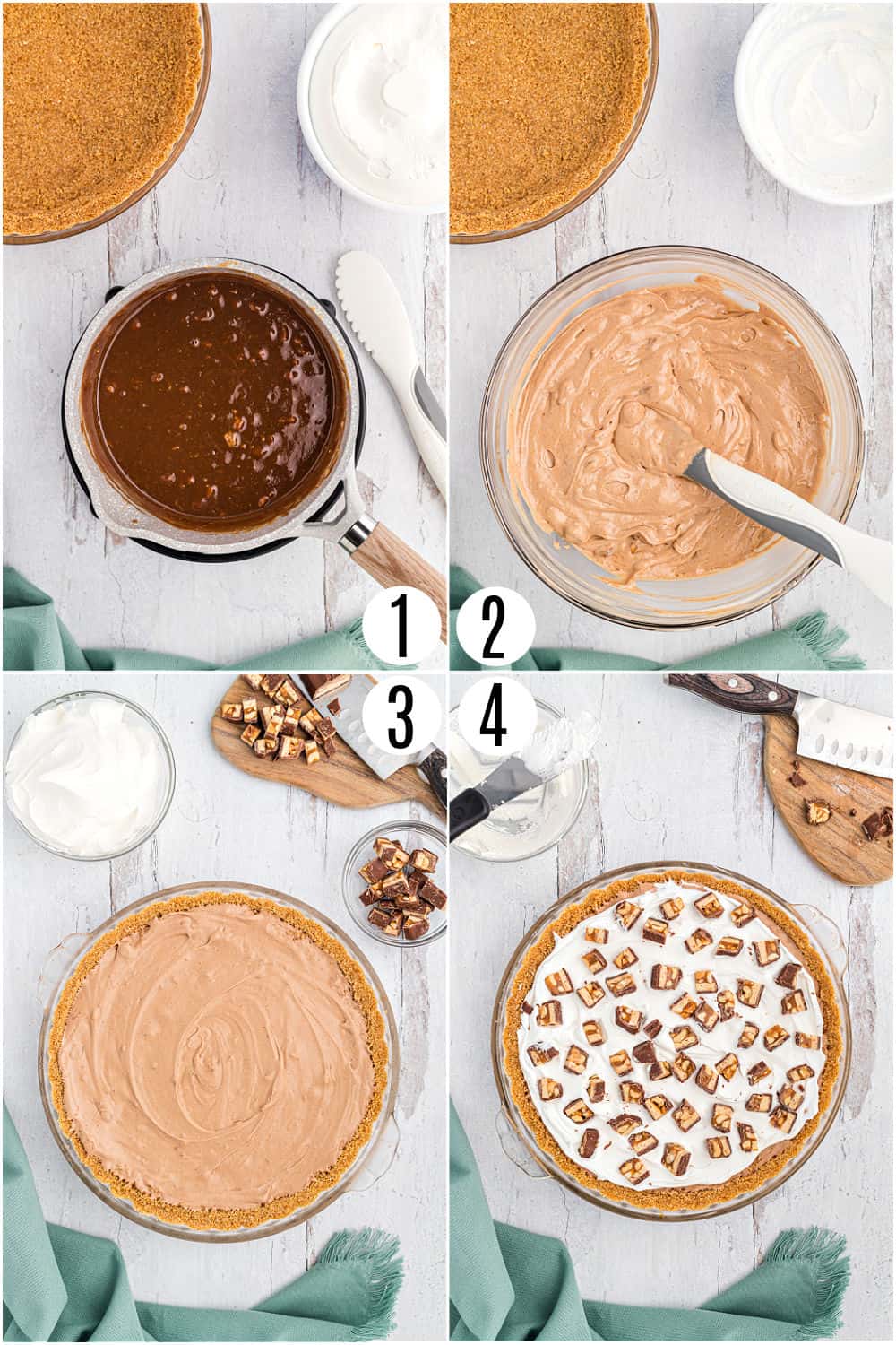 Step by step photos showing how to make snickers pie.