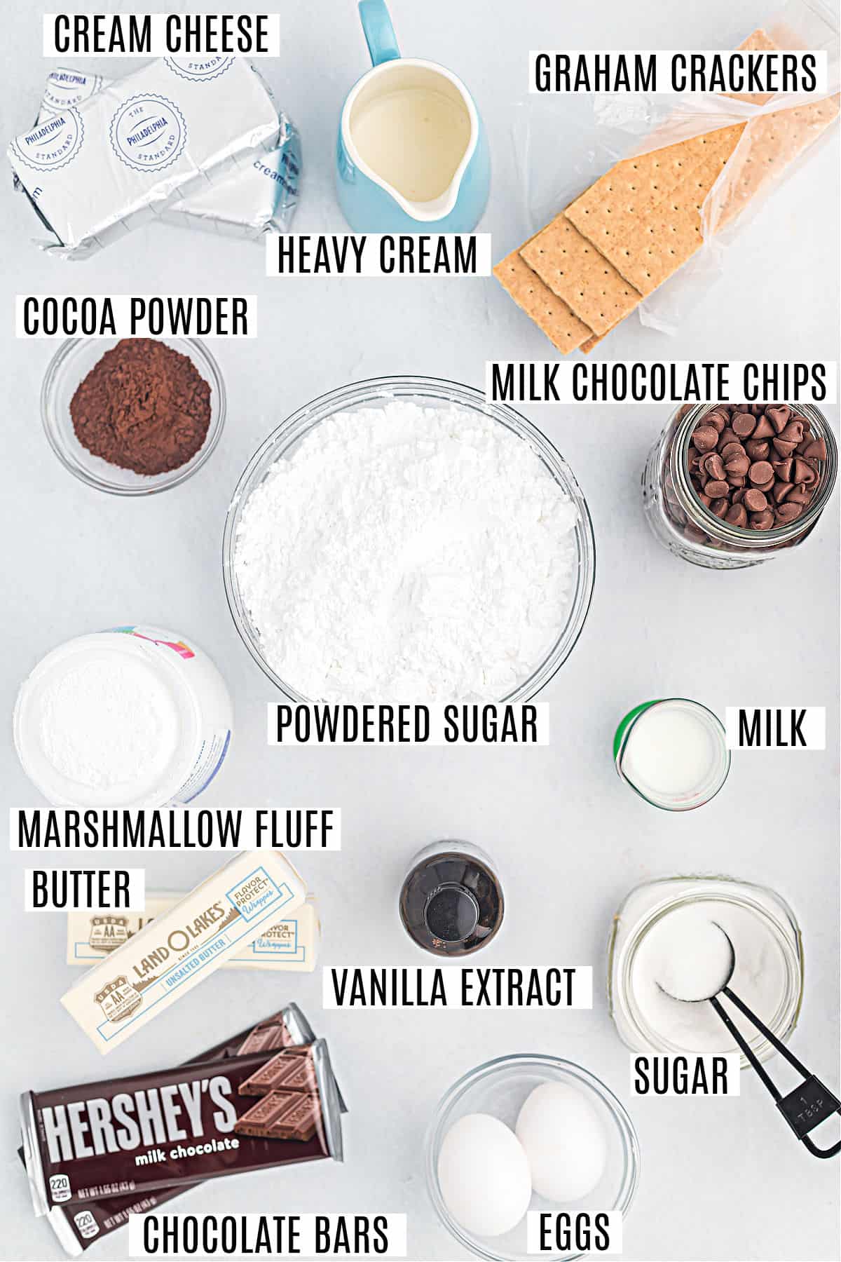 Ingredients needed to make mini s'more cheesecakes.