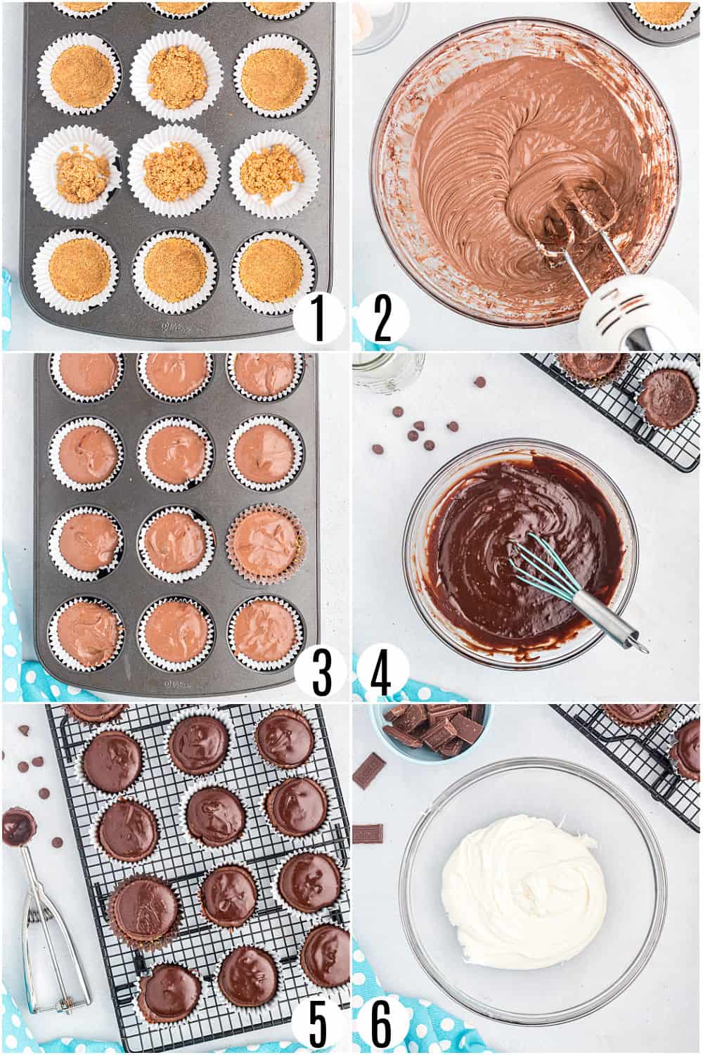 Step by step photos showing how to make smores cheesecakes in muffin tins.