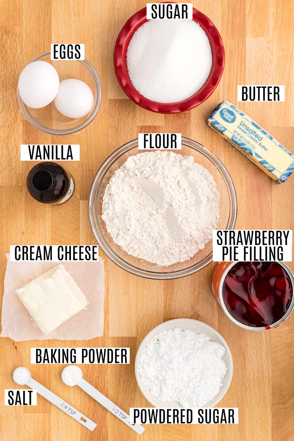 Ingredients needed to make strawberry pie bars.