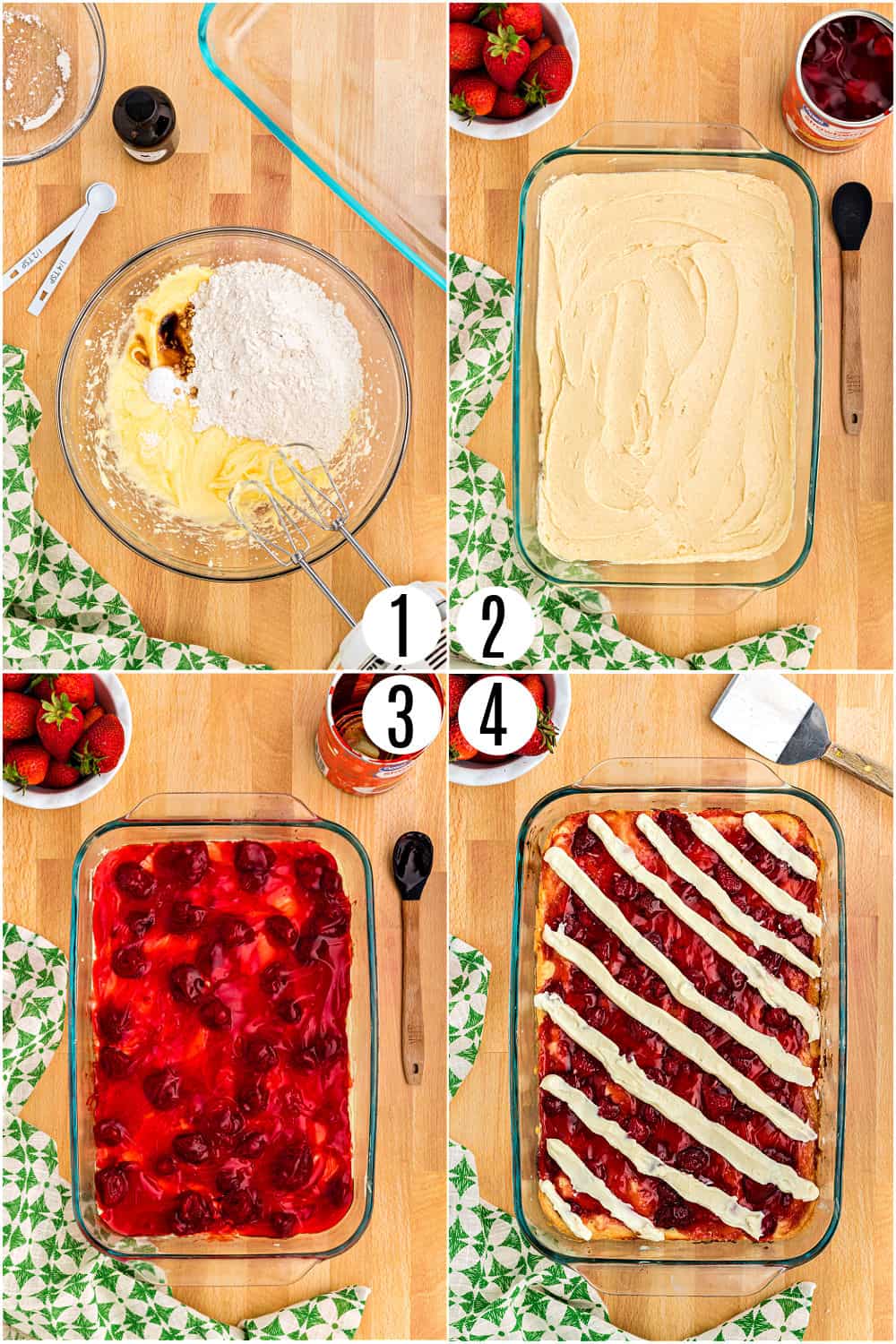 Step by step photos showing how to make strawberry pie bars.