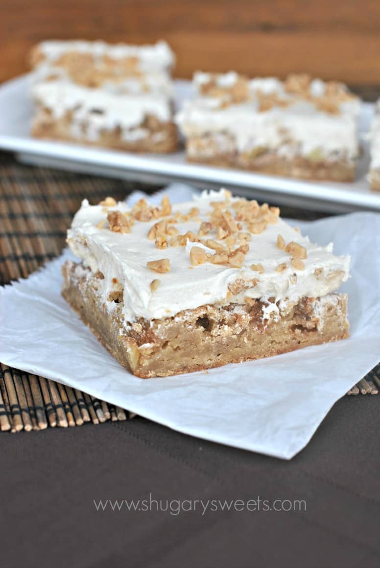 Apple brownie bar with frosting.