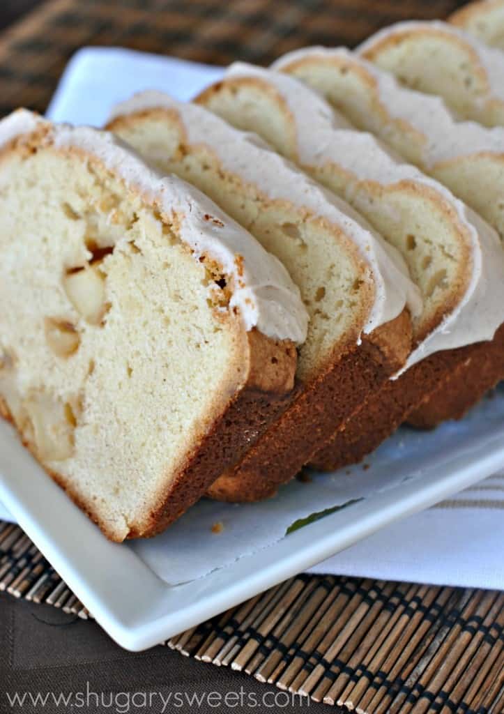Apple Pound Cake: cream cheese pound cake filled with diced apples and topped with a cinnamon glaze!