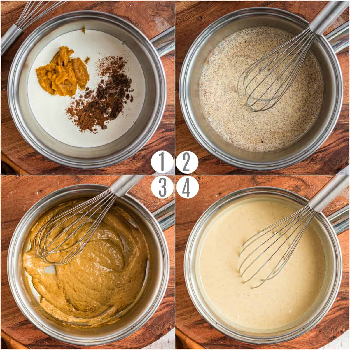 Step by step photos showing how to make pumpkin spice coffee creamer.