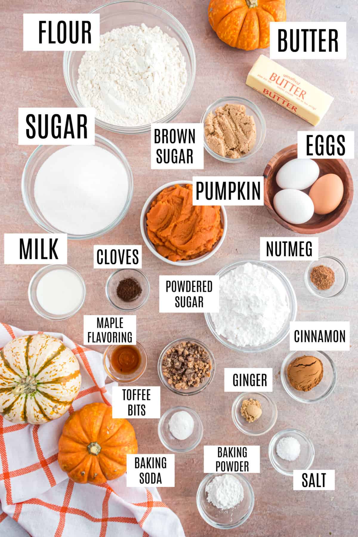 Ingredients needed to make pumpkin muffins.