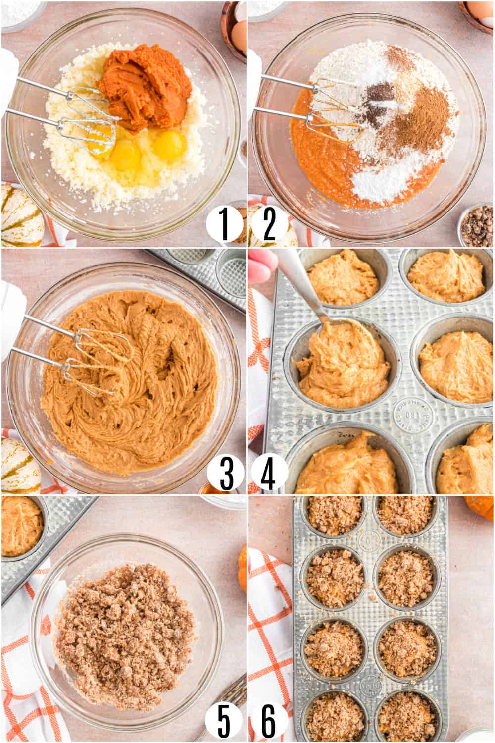 Step by step photos showing how to make pumpkin muffins with maple icing.