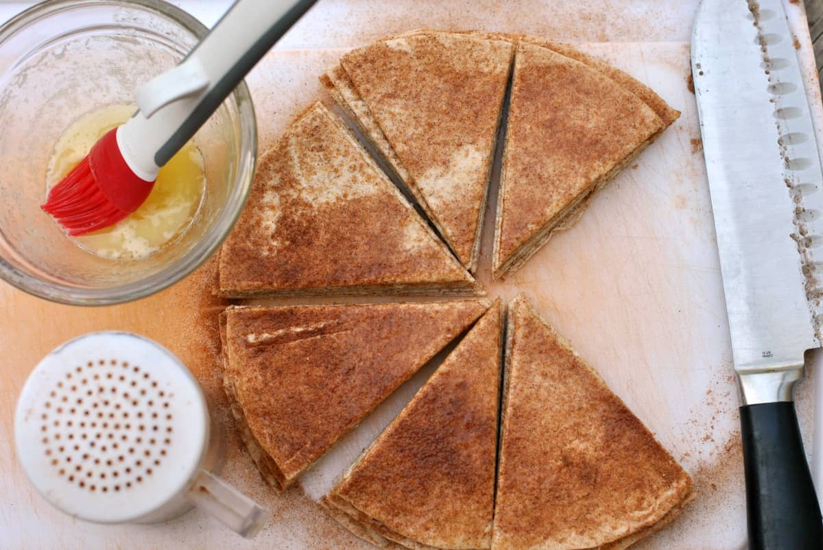 Tortillas topped with melted butter and cinnamon sugar. Cut into wedges,