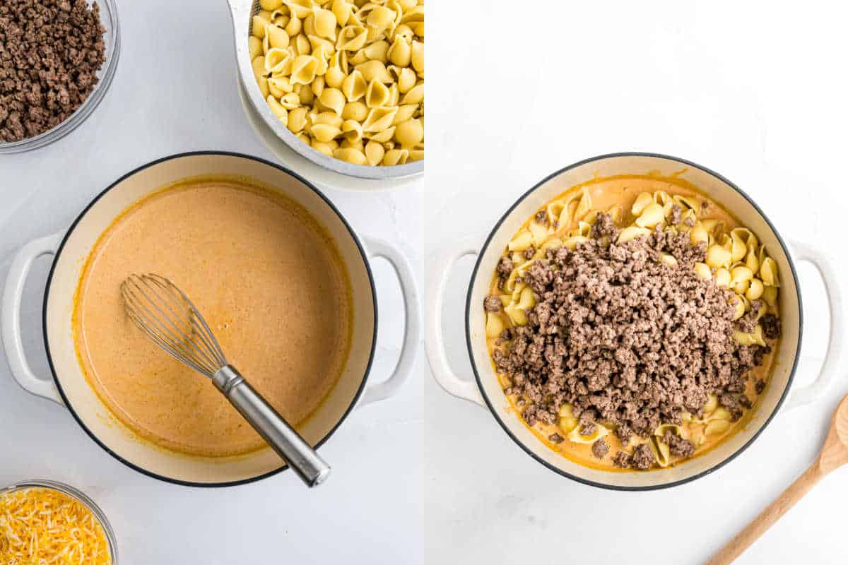 Left: Cheese sauce with a whisk in a pot. Right: Pasta shells and cooked ground beef added to create a hearty beef enchilada mac and cheese.
