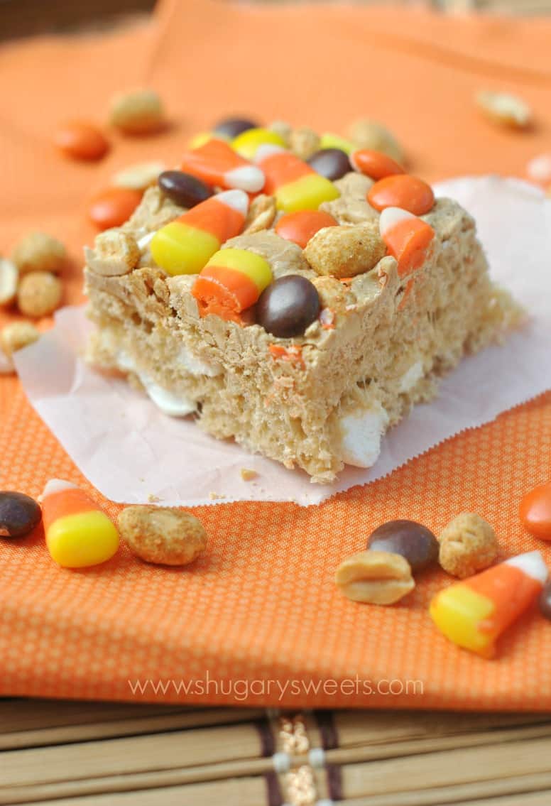 Peanut Butter Krispie Treats with Candy corn and Reeses Pieces