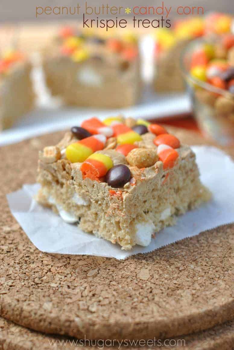 Peanut Butter Krispie Treats with Candy corn and Reeses Pieces