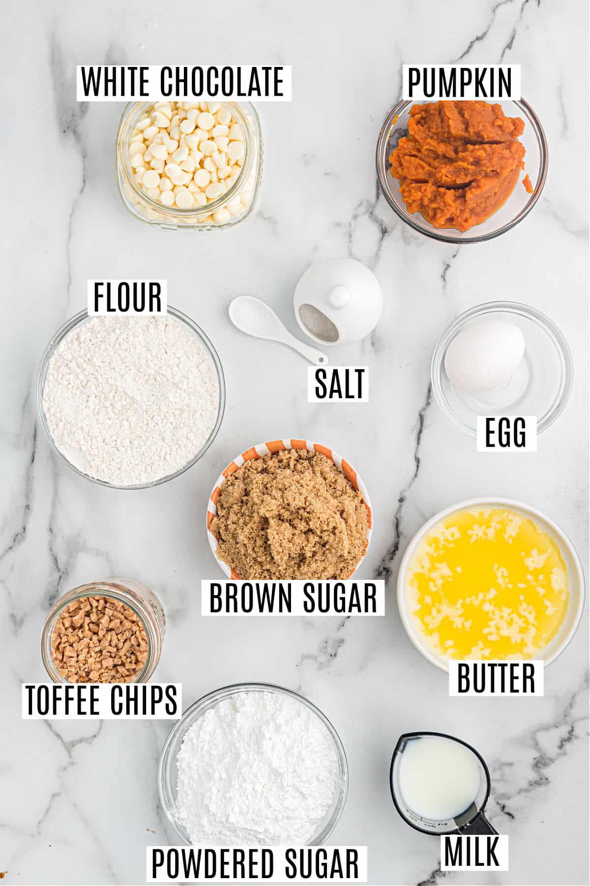 Ingredients needed to make pumpkin blondies.