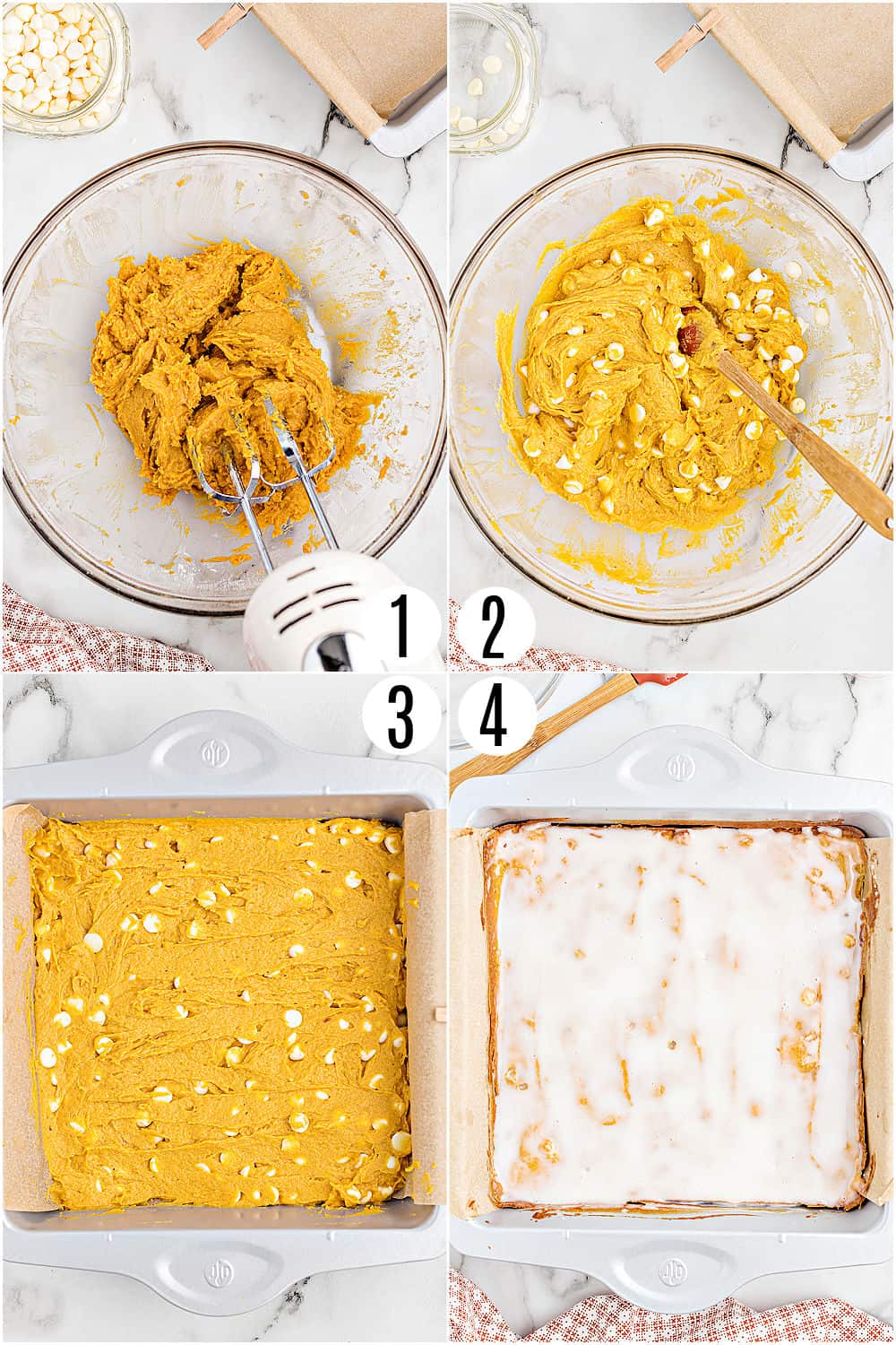 Step by step photos showing how to make pumpkin blondies.