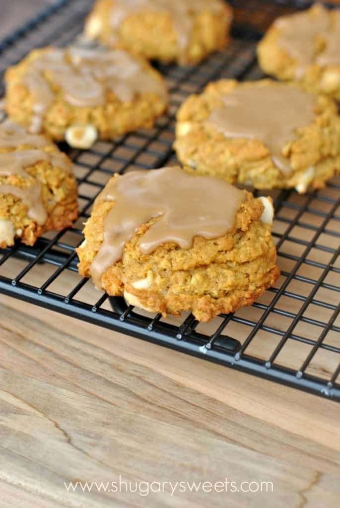 Chewy Pumpkin Oatmeal Cookies with White Chocolate Morsels and Maple Glaze