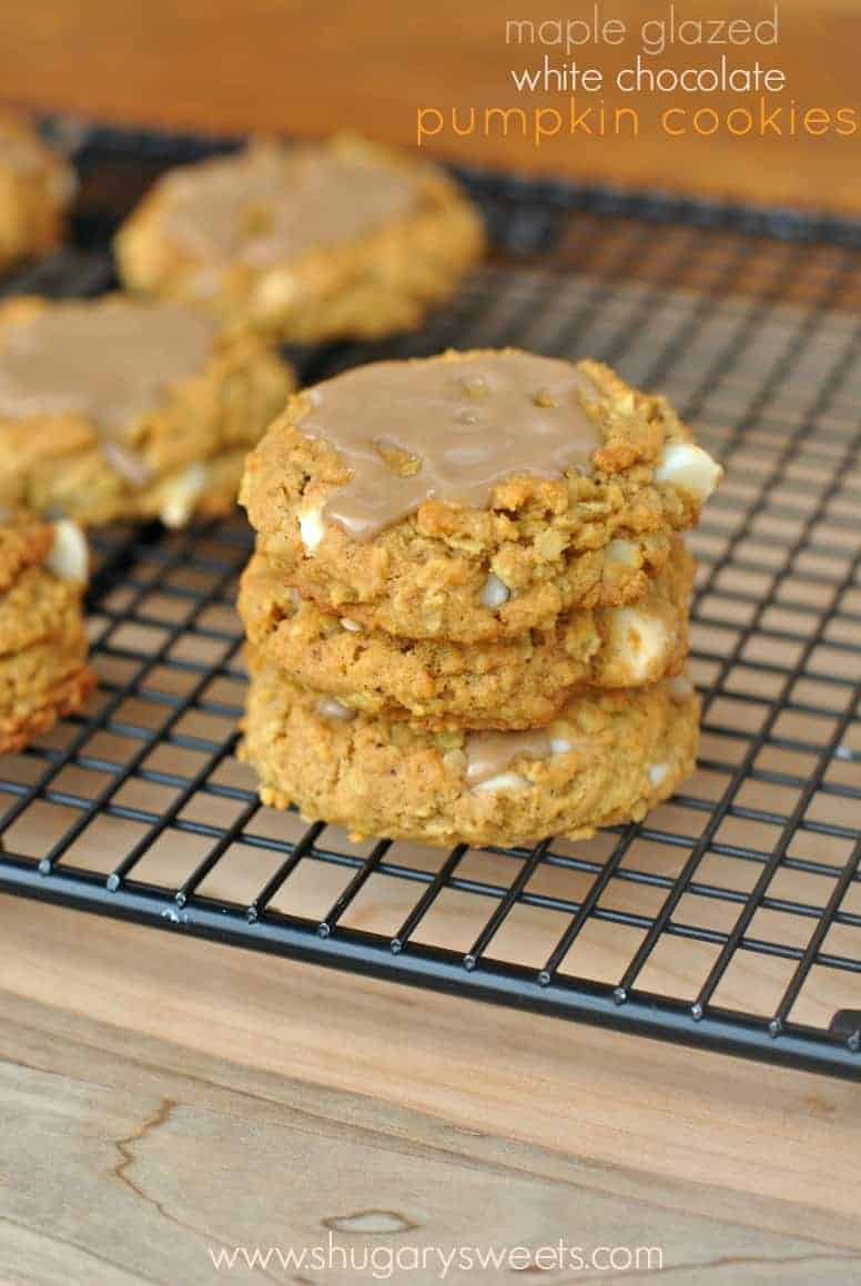 Steack of 3 chewy Pumpkin Oatmeal Cookies with White Chocolate Morsels and Maple Glaze