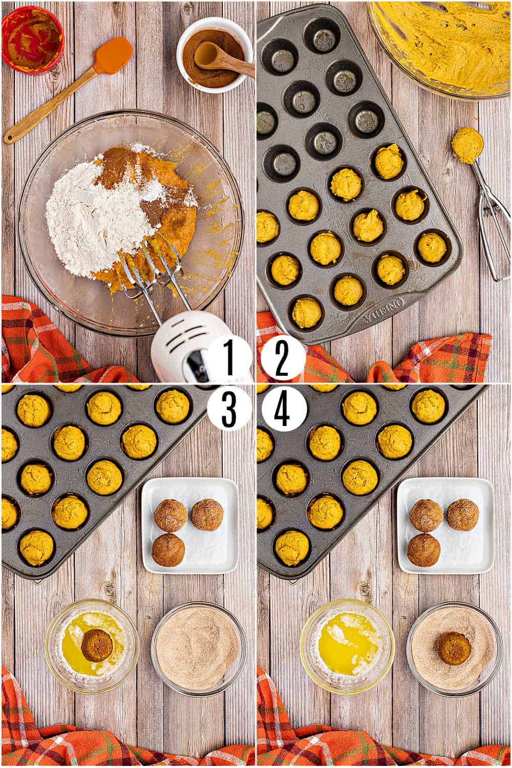 Step by step photos showing how to make pumpkin donut holes.
