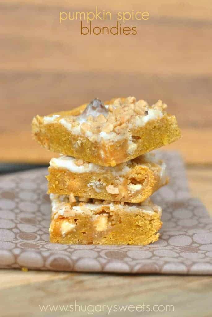 Pumpkin Spice Blondies with Pumpkin Hershey Kisses and Toffee Bits