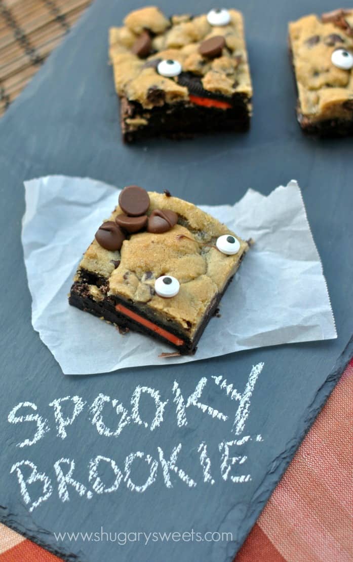 Spooky Brookies: layer of brownies with Halloween oreos, chocolate chip cookie dough and edible "eyes"