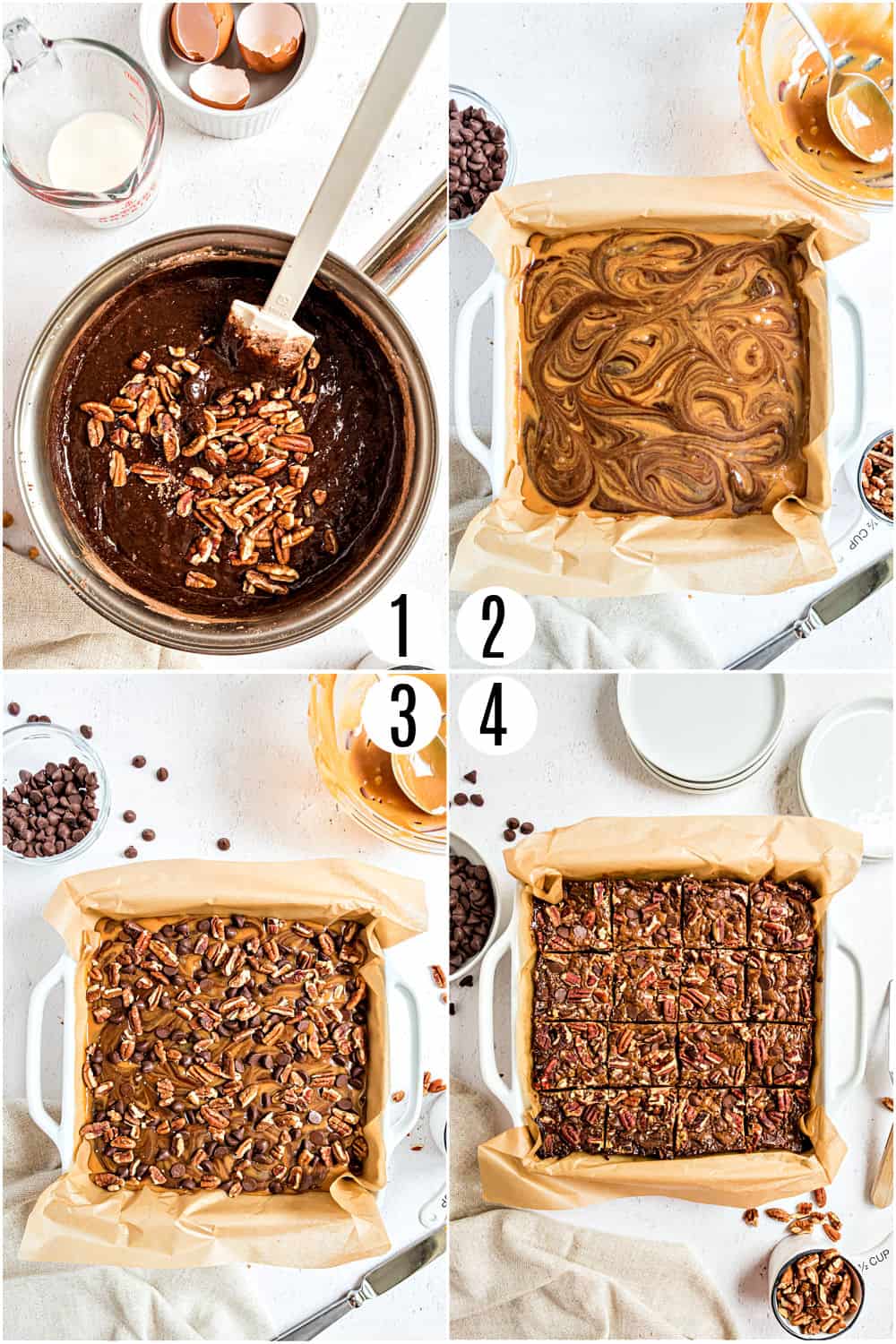 Step by step photos showing how to make turtle brownies.