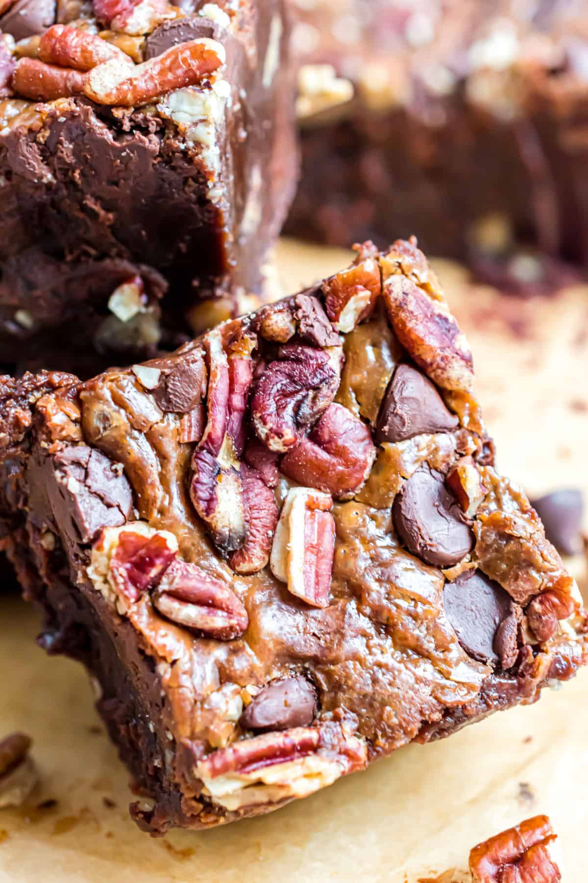 Thick brownie topped with pecans and caramel.