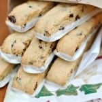 Cranberry pistachio biscotti dipped in white chocolate.