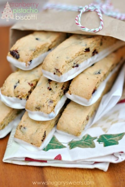 Cranberry pistachio biscotti dipped in white chocolate.