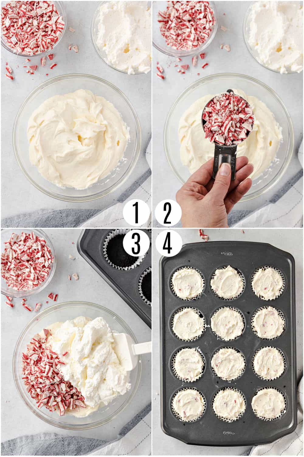 Step by step photos showing how to make mini no bake peppermint cheesecakes.