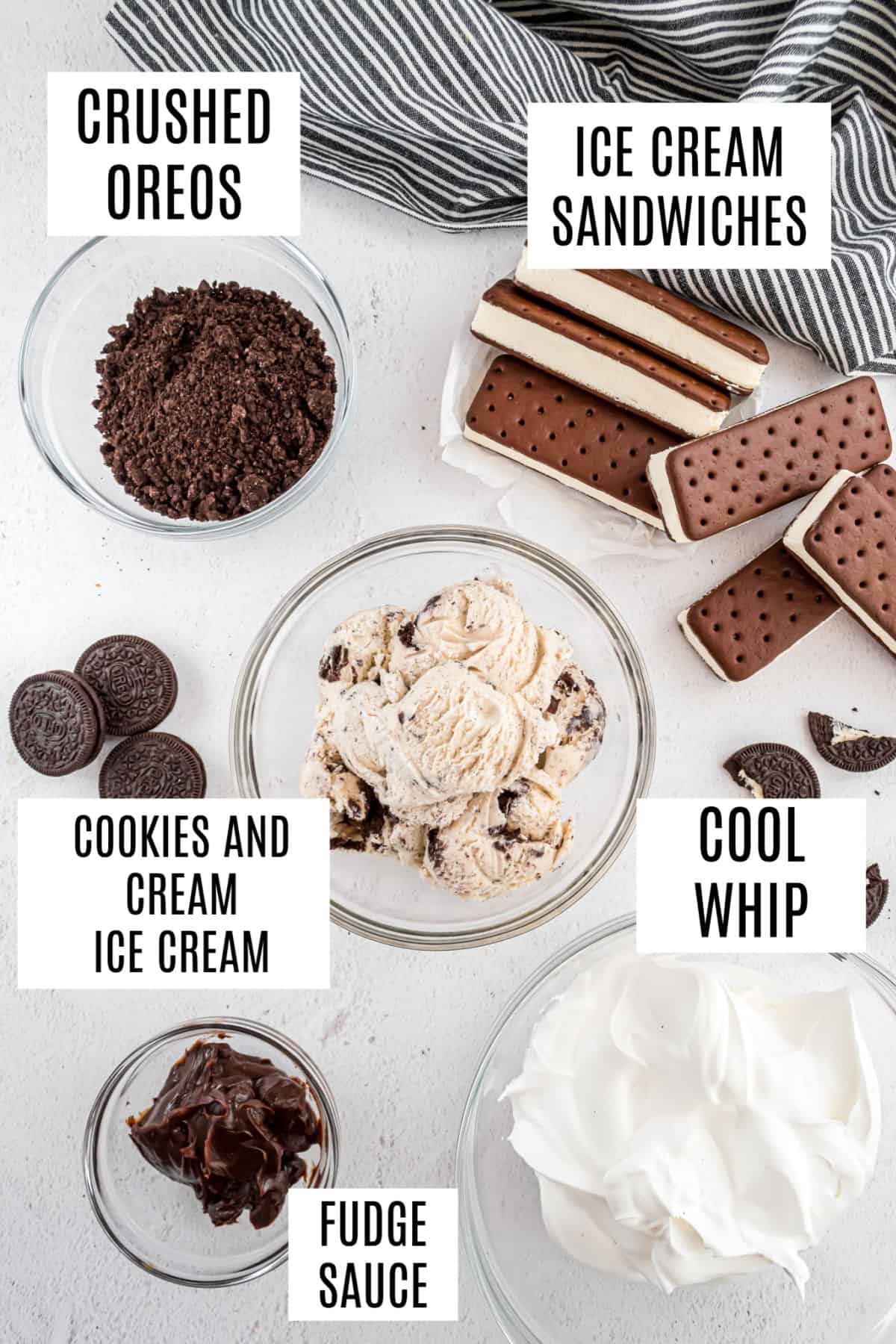 Ingredients needed to make oreo ice cream sandwich cake.