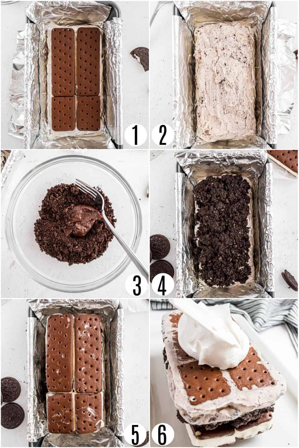 Step by step photos showing how to make oreo ice cream cake.