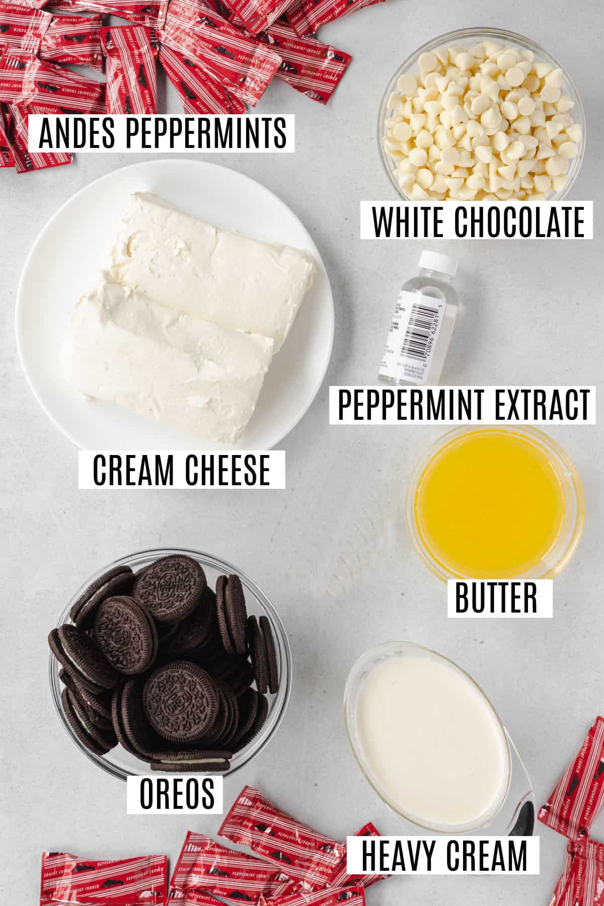 Ingredients needed to make no bake peppermint cheesecakes.
