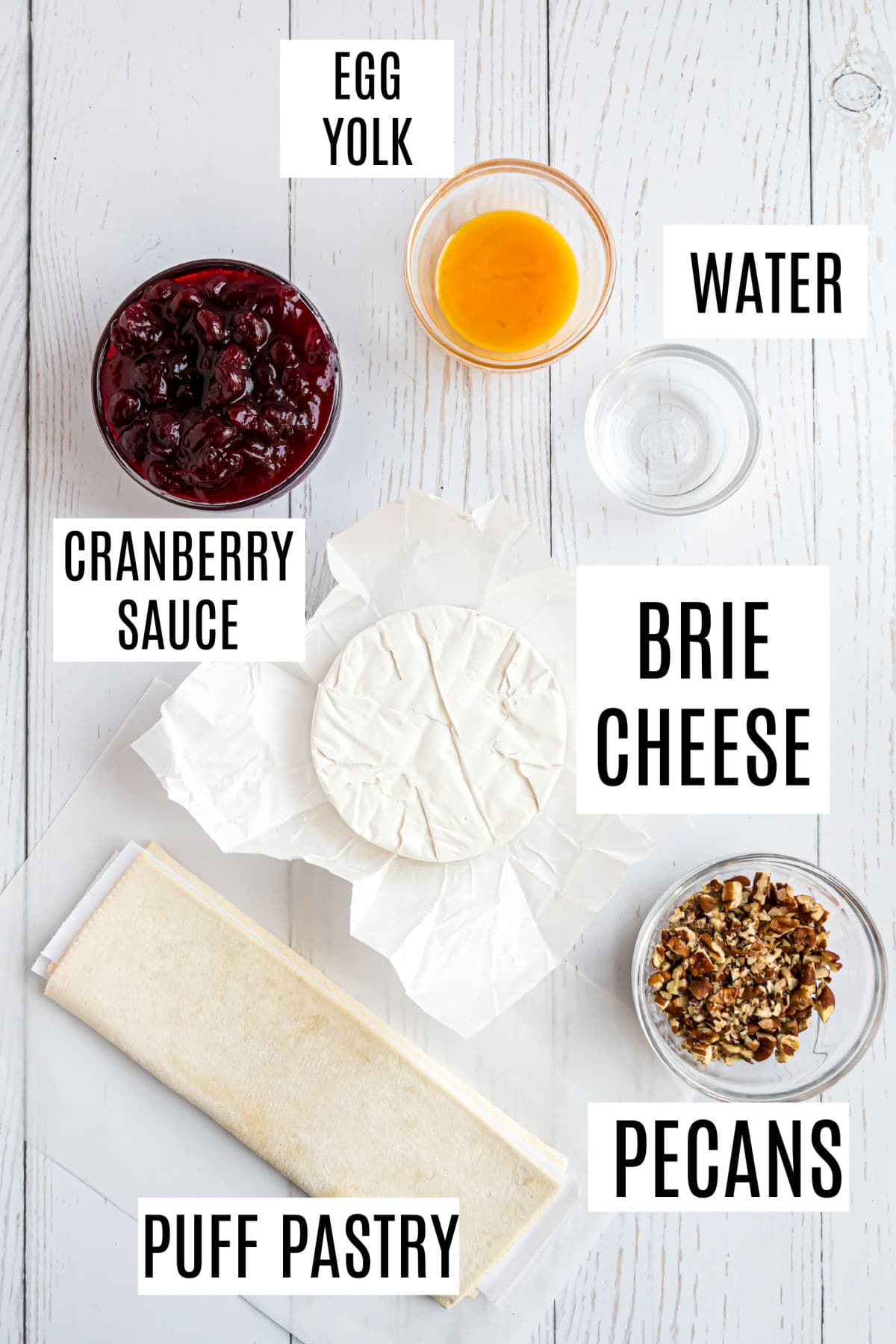 Ingredients needed to make puff pastry wrapped brie.