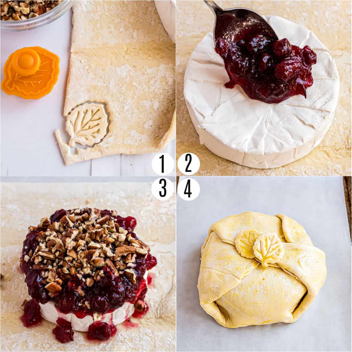 Step by step photos showing how to make puff pastry wrapped brie.
