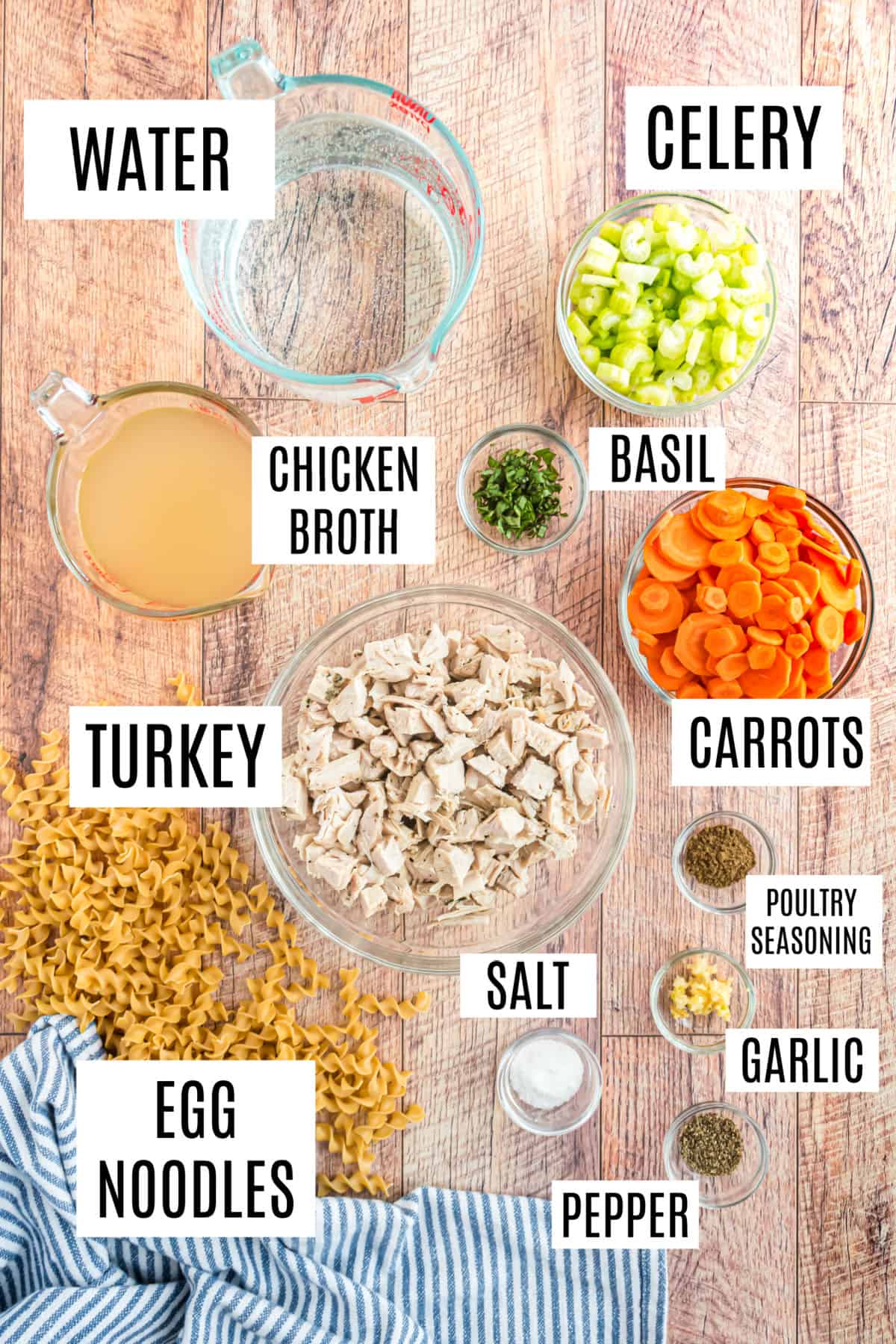 Ingredients needed to make turkey noodle soup.